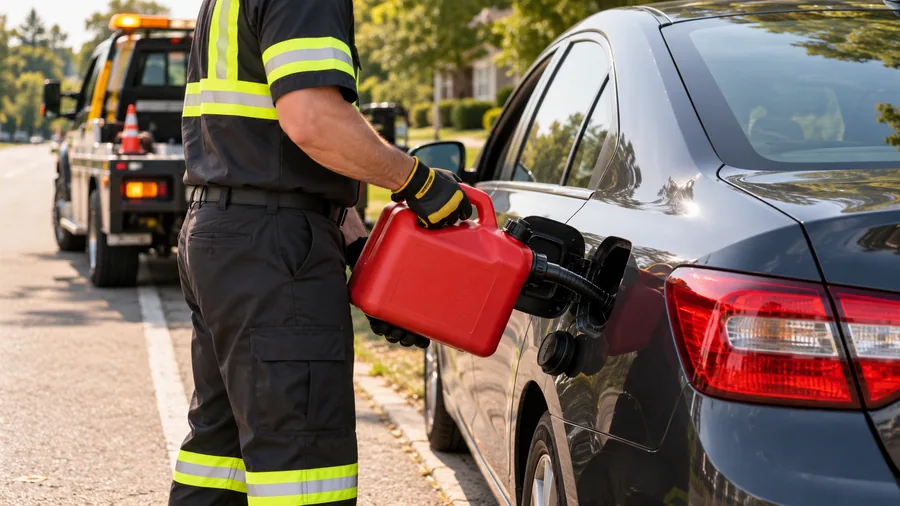 Roadside technician delivering emergency fuel