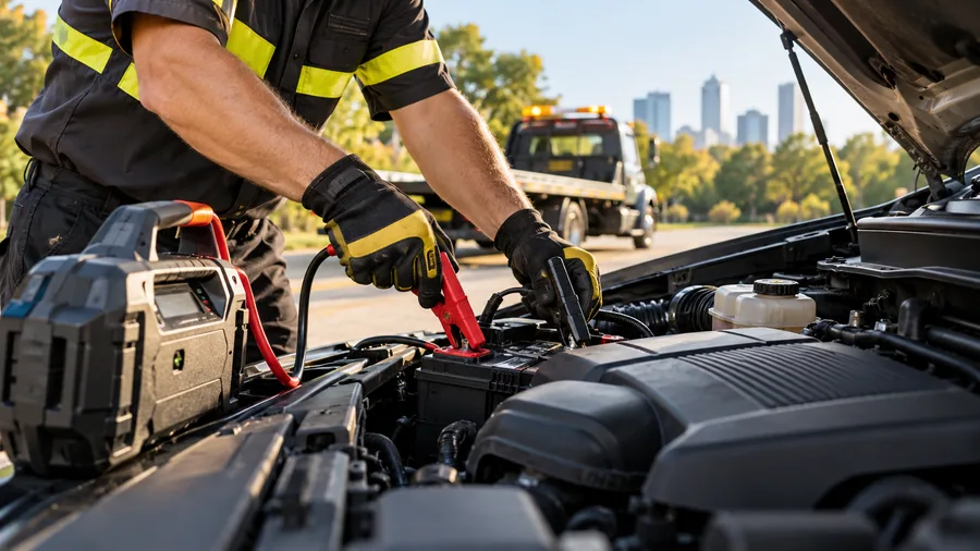 Roadside technician jump-starting a vehicle